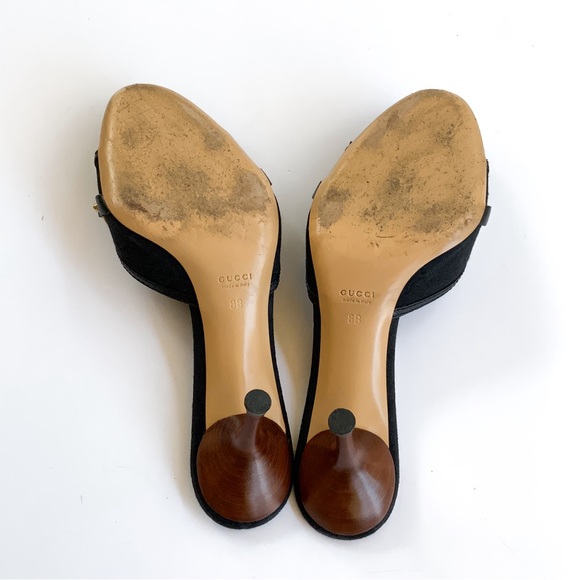 Gucci Women's Black Leather & Bamboo Straw Bit Open Toe Sandal Heel Size 8B - Picture 5 of 11